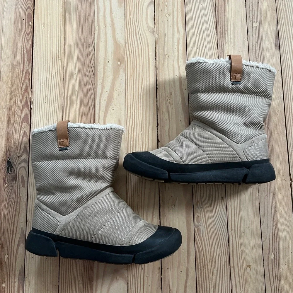 Clarks Gore-Tex Tan Puffer Winter Boots Faux Shearling Lined Waterproof Womens 7